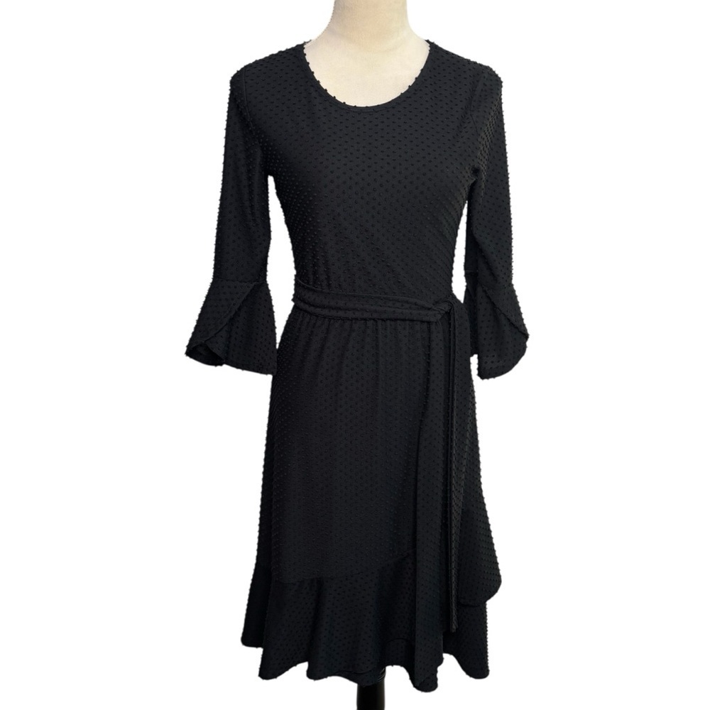 Reborn J Black Ruffle Bell Sleeve Dotted Midi Dress Small Office Careerwear